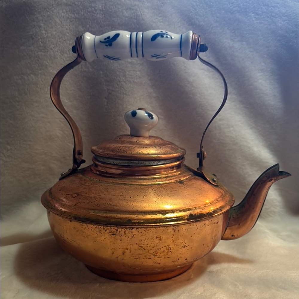 Vintage Copper Teapot with White Handle